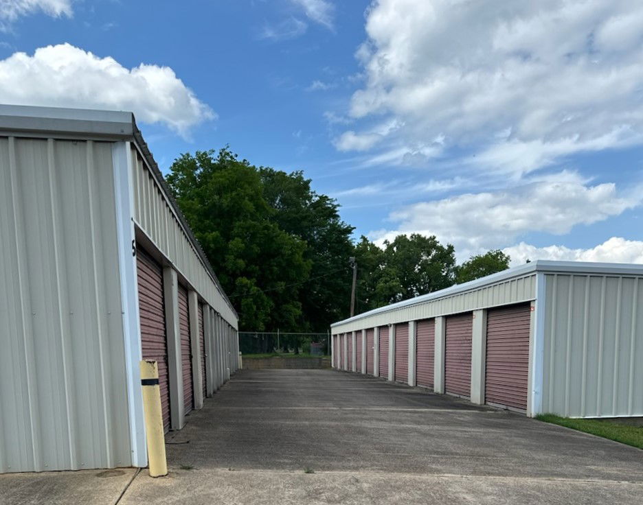 Wide aisle of drive-up storage units